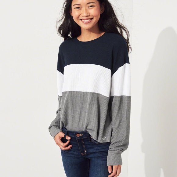 Hollister Tops - Hollister Stripe Waffle Boyfriend Tee Navy Wh Grey